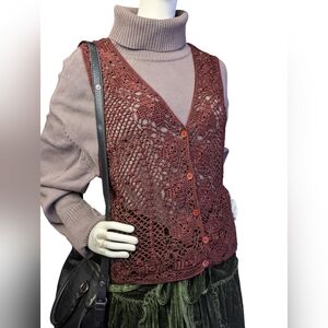 Vintage 90s Y2K Burgundy Crochet Vest, Whimsigoth, Boho, Size Large